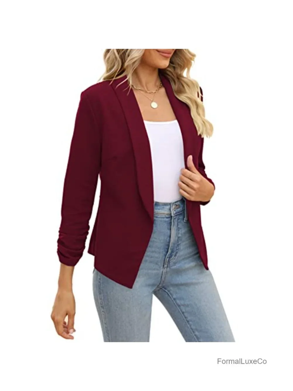 Women's Open Front Blazer 3/4 Ruched Sleeve Business Casual Work Office Jacket